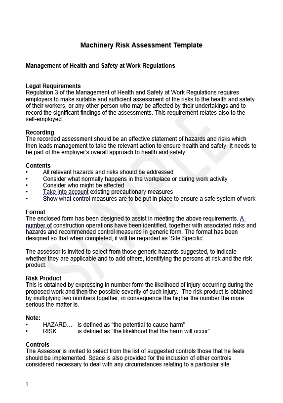 Machinery Risk Assessment Template Lht Health Safety